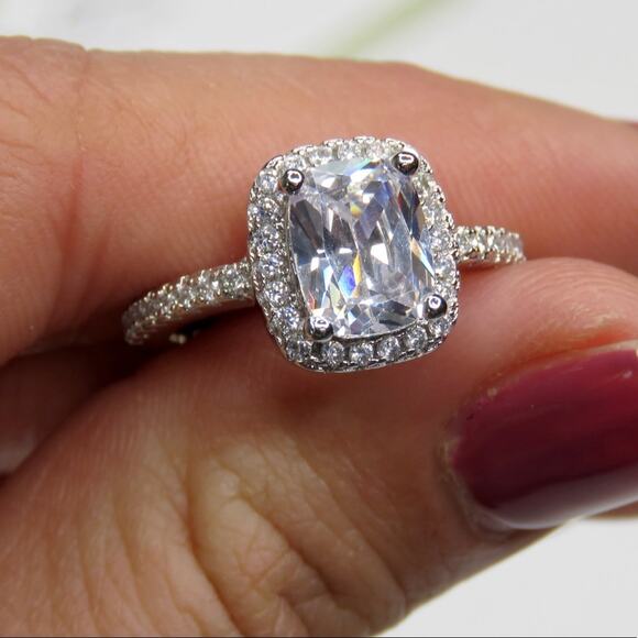 Macy's Square Cut Sterling Silver Moissanite Diamond Halo Ring S925 Size 7 - Picture 5 of 8